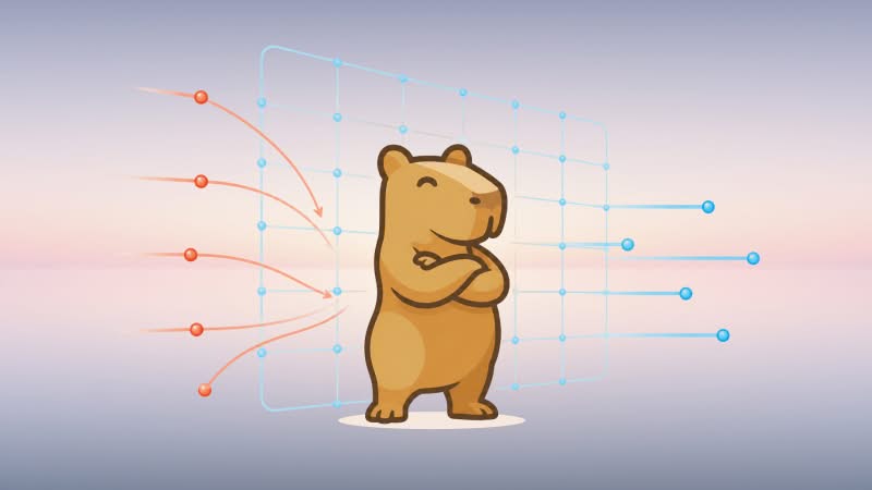 Illustration of a capybara standing in front of a grid, with allowed connections passing through and blocked connections stopped at the edge