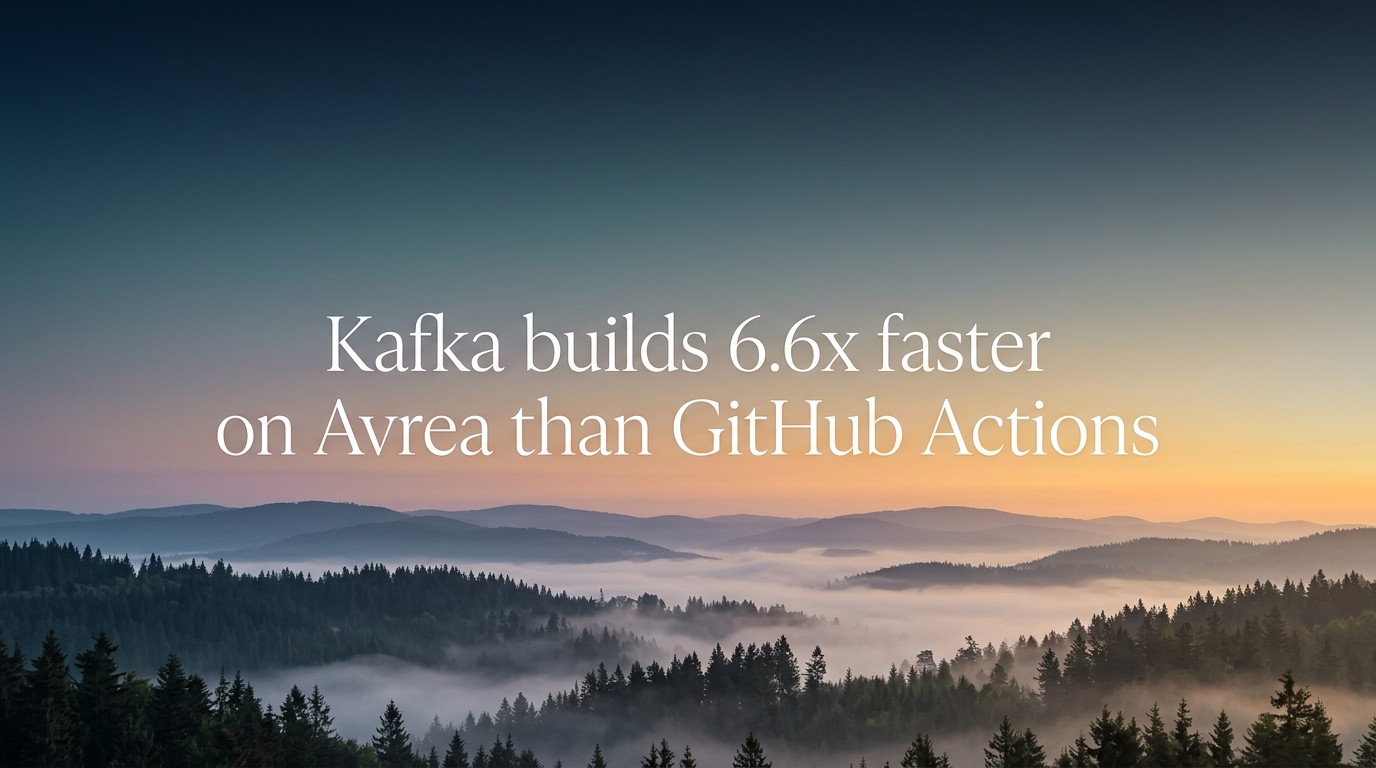 Title card over a misty forest reading Kafka builds 6.6x faster on Avrea than GitHub Actions