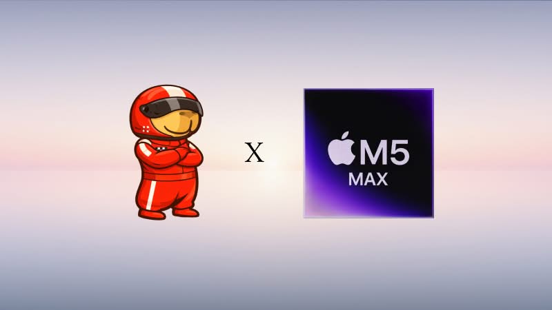Illustration of a capybara in a racing suit next to an Apple M5 Max chip
