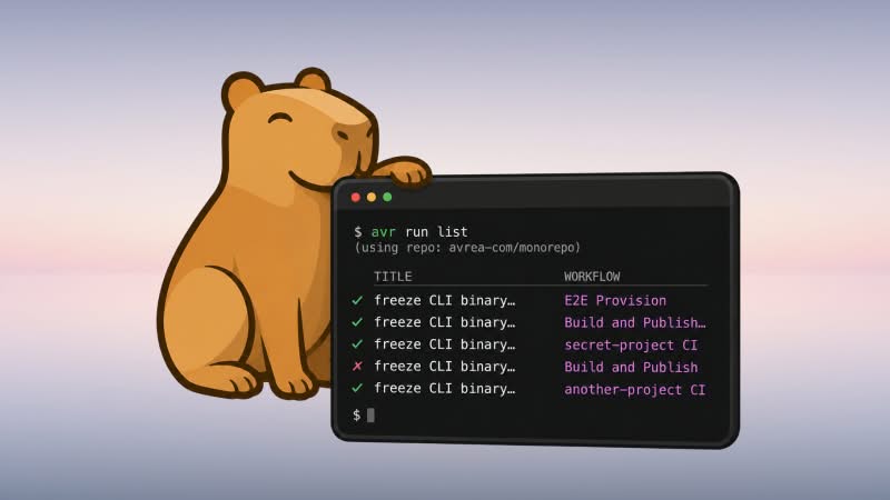 Illustration of a capybara beside a terminal window showing the avr run list command