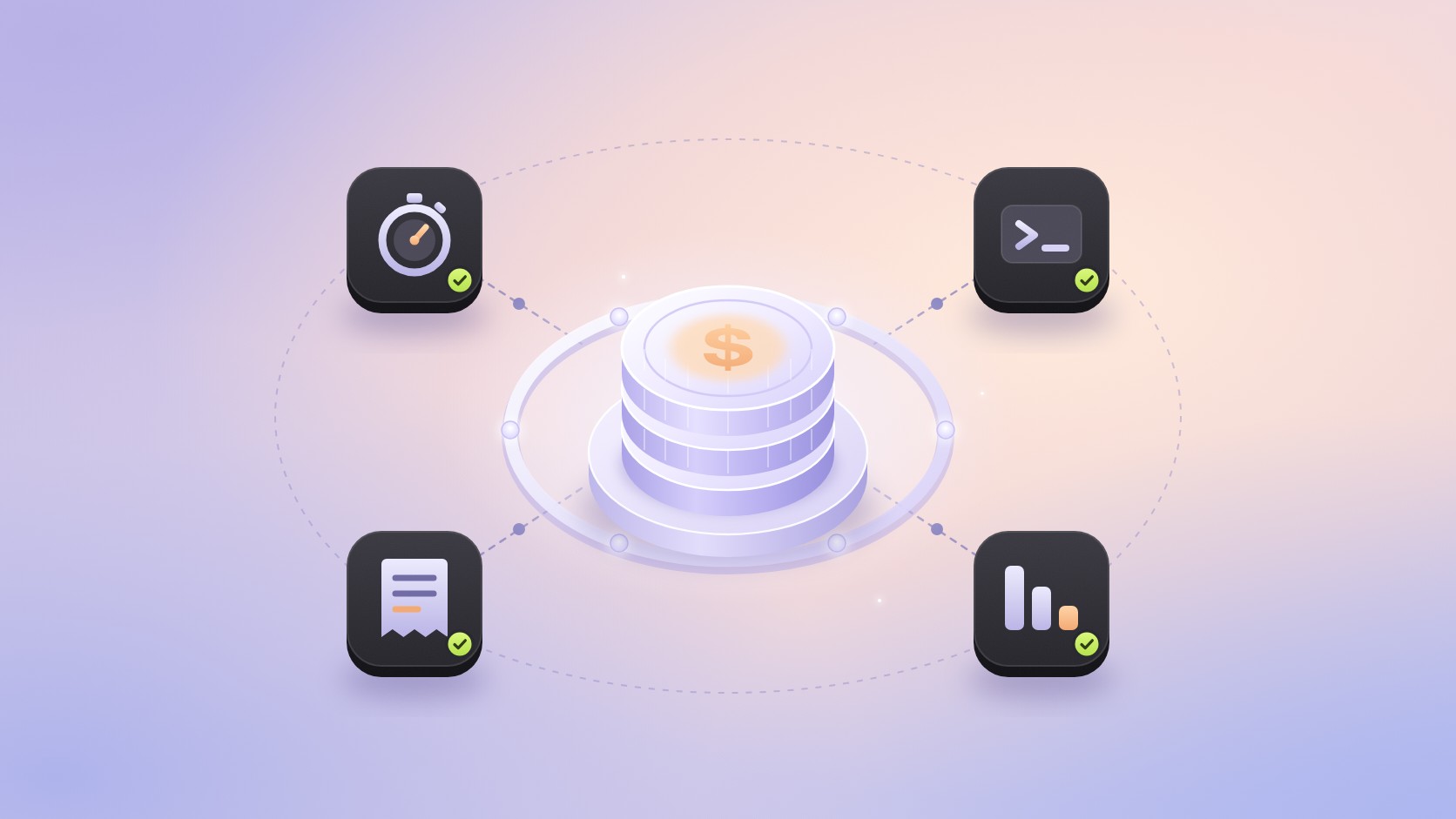 A stack of coins surrounded by icons for a stopwatch, a terminal, a receipt and a falling bar chart.