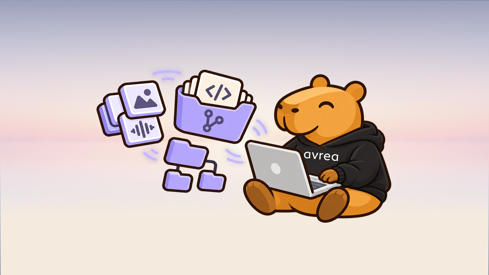 Avrea capybara using a laptop beside Git source code, large-file assets, and submodule folders.