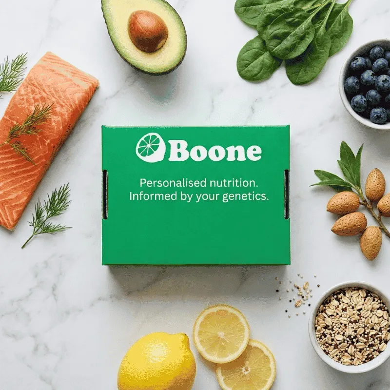Boone DNA nutrition test kit with saliva sample tube and Boone app nutrition dashboard