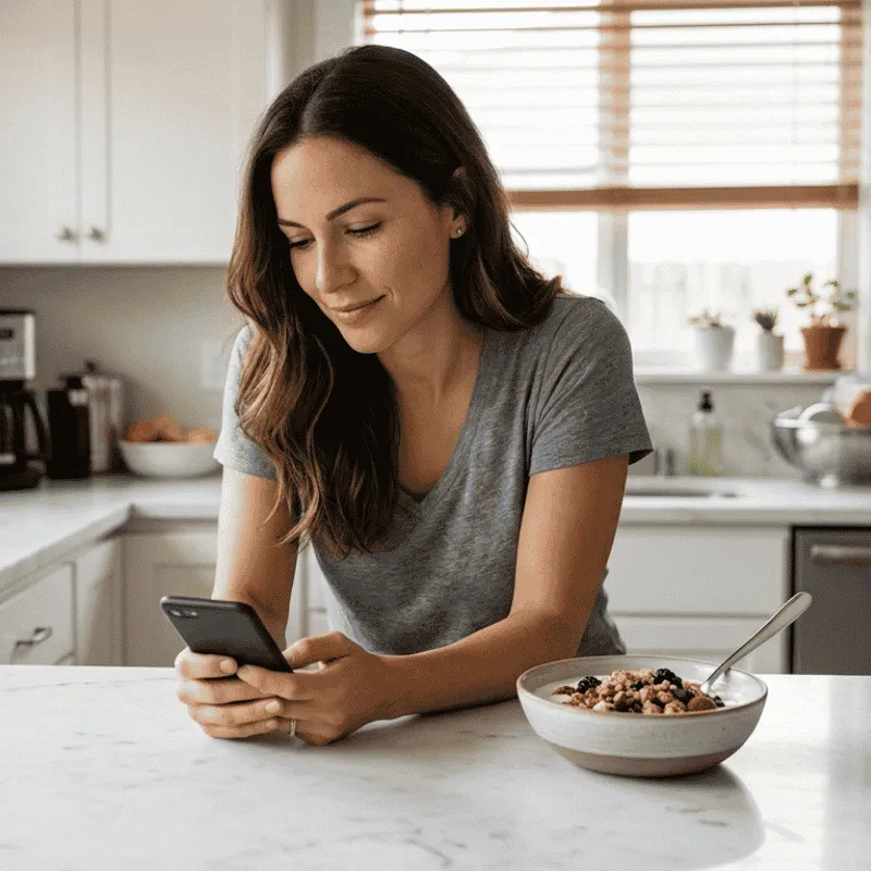 Person sitting at a kitchen table looking at the Boone app showing long-term dietary trend insights on their phone.