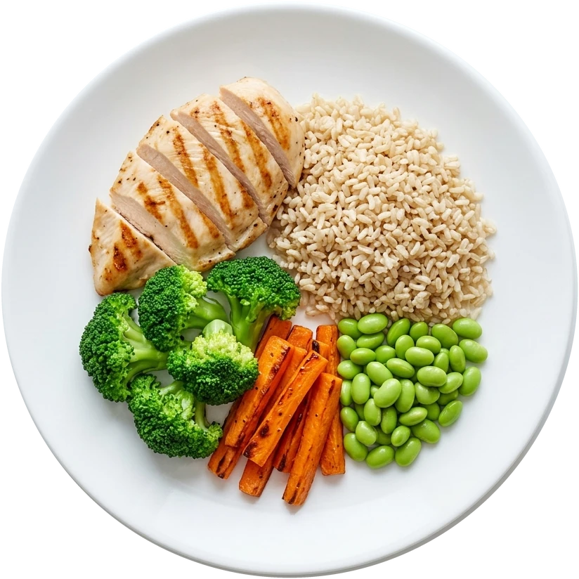 A plate of grilled chicken breast, brown rice, broccoli, roasted carrots and edamame