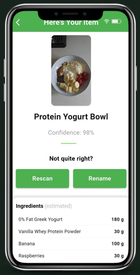 Boone app showing a logged protein yogurt bowl with its estimated ingredients