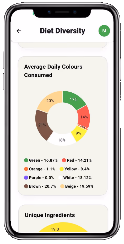 Boone app showing diet diversity by the colours of food eaten each day