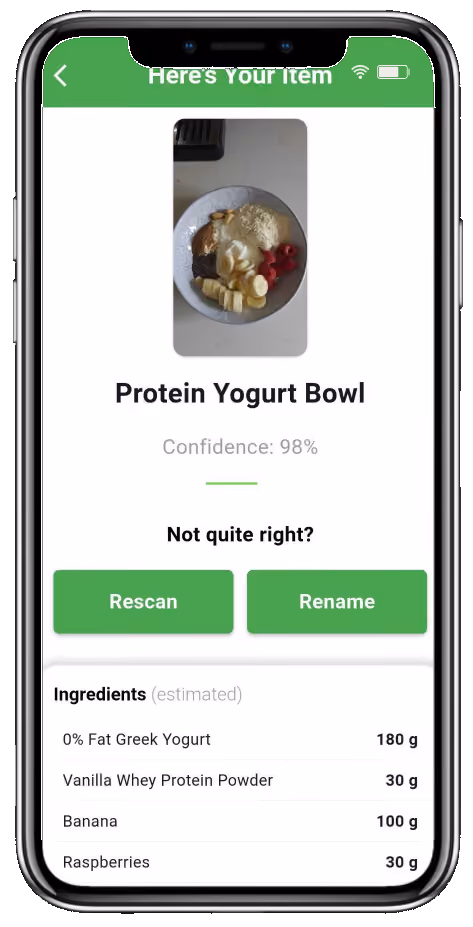 Boone app showing a logged yogurt bowl with ingredients estimated from a photo