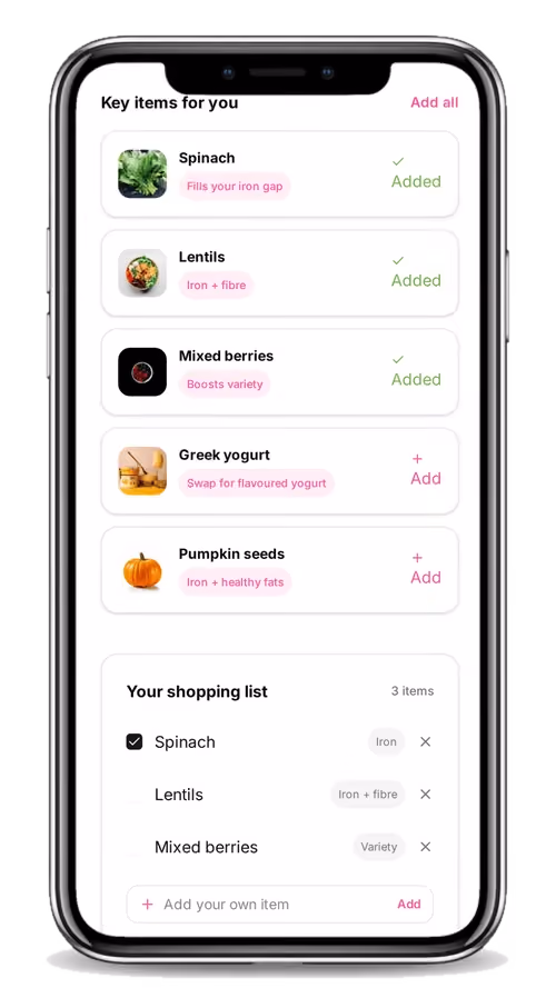 Boone app suggesting spinach, lentils and berries to fill nutrient gaps, with a shopping list