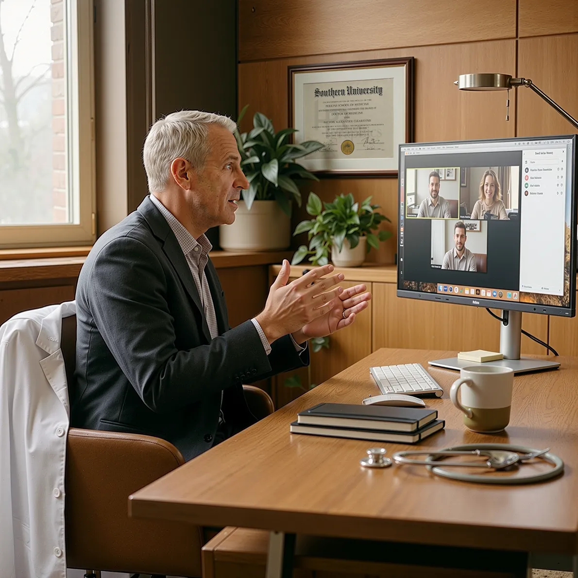 Business professional having a video meeting from office