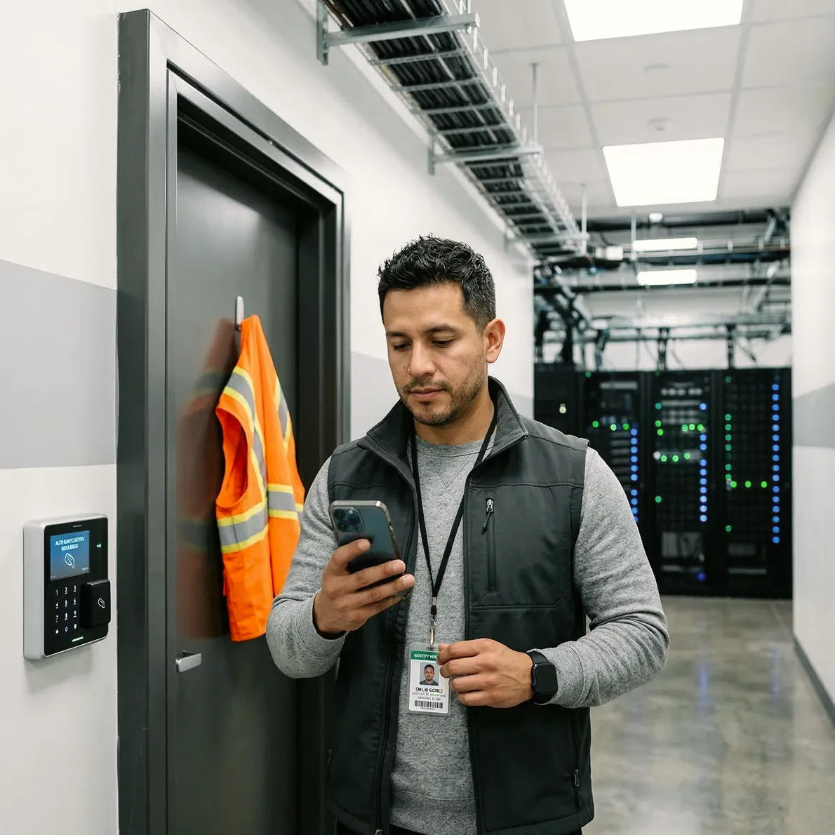 Technician checking smartphone inside a data center server room