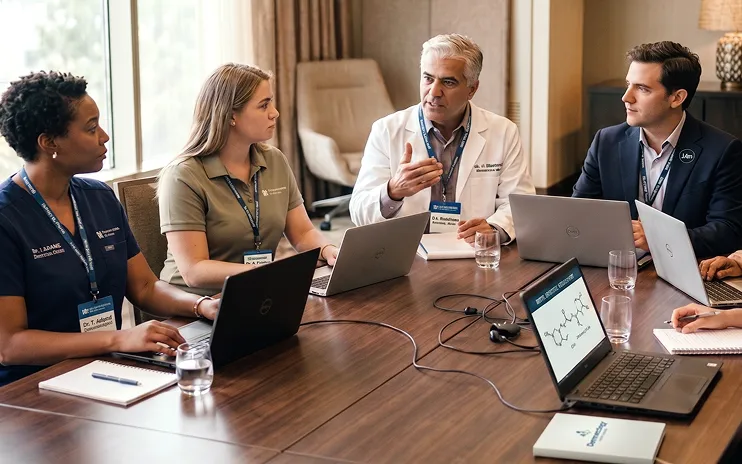 Group of medical professionals sitting around a table with laptops, engaged in a discussion.