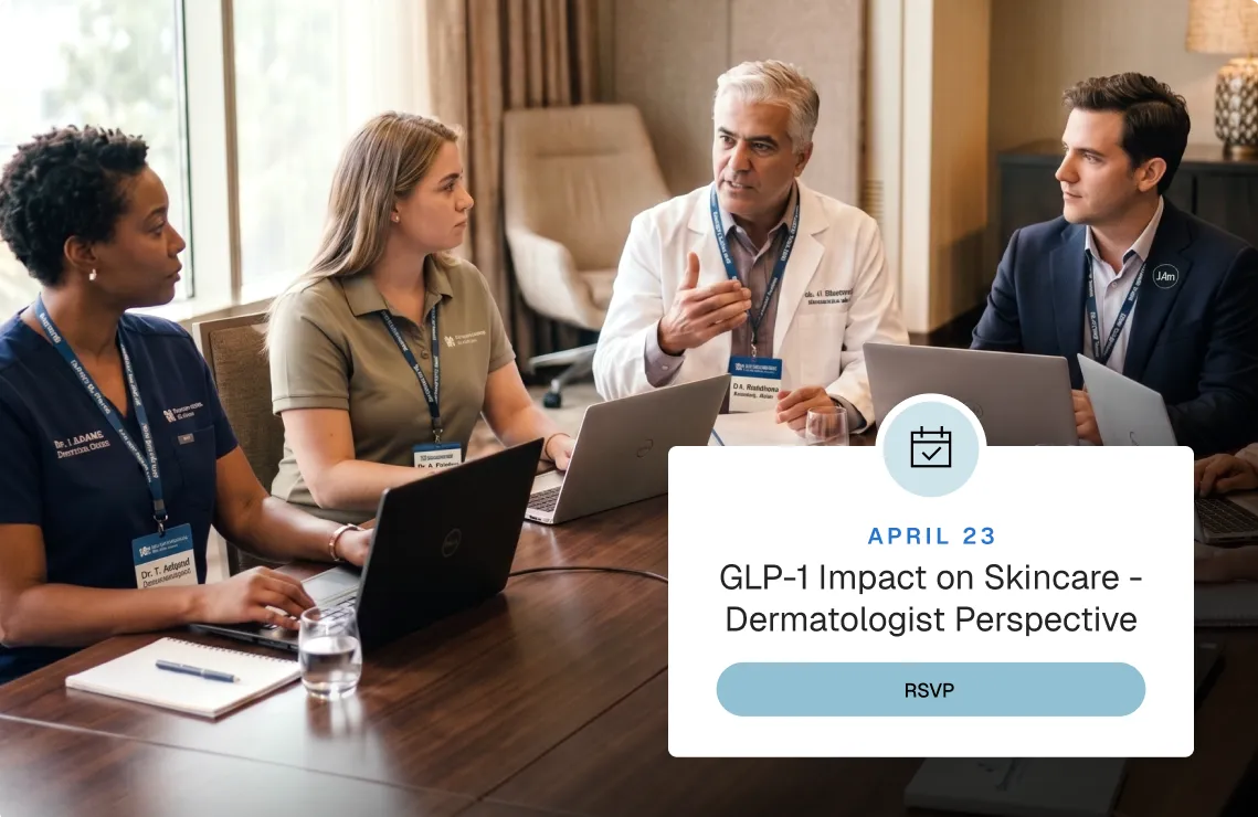 Doctors and medical professionals in discussion around a conference table with laptops, beside a text box announcing an April 23 event on GLP-1 impact on skincare from a dermatologist perspective, with an RSVP button.
