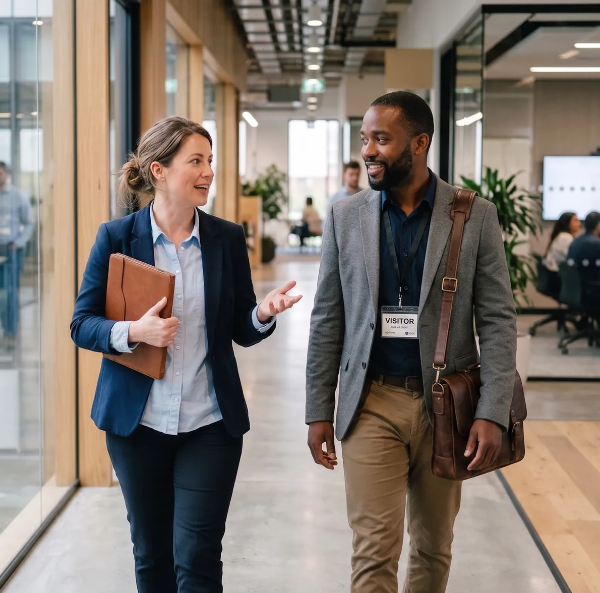 Two professional colleagues walking and talking in a modern office hallway, one holding a folder and the other wearing a visitor badge with a satchel bag.