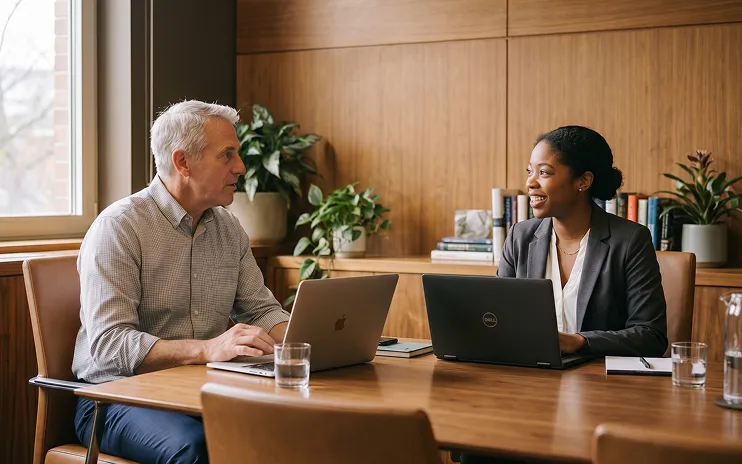 Two colleagues, a man and a woman, sitting at a wooden table with laptops, engaged in a conversation in an office with plants and books in the background.