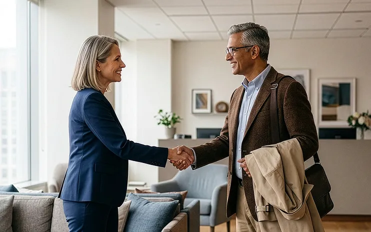 Two professionally dressed people smiling and shaking hands in a modern office with couches and framed art.