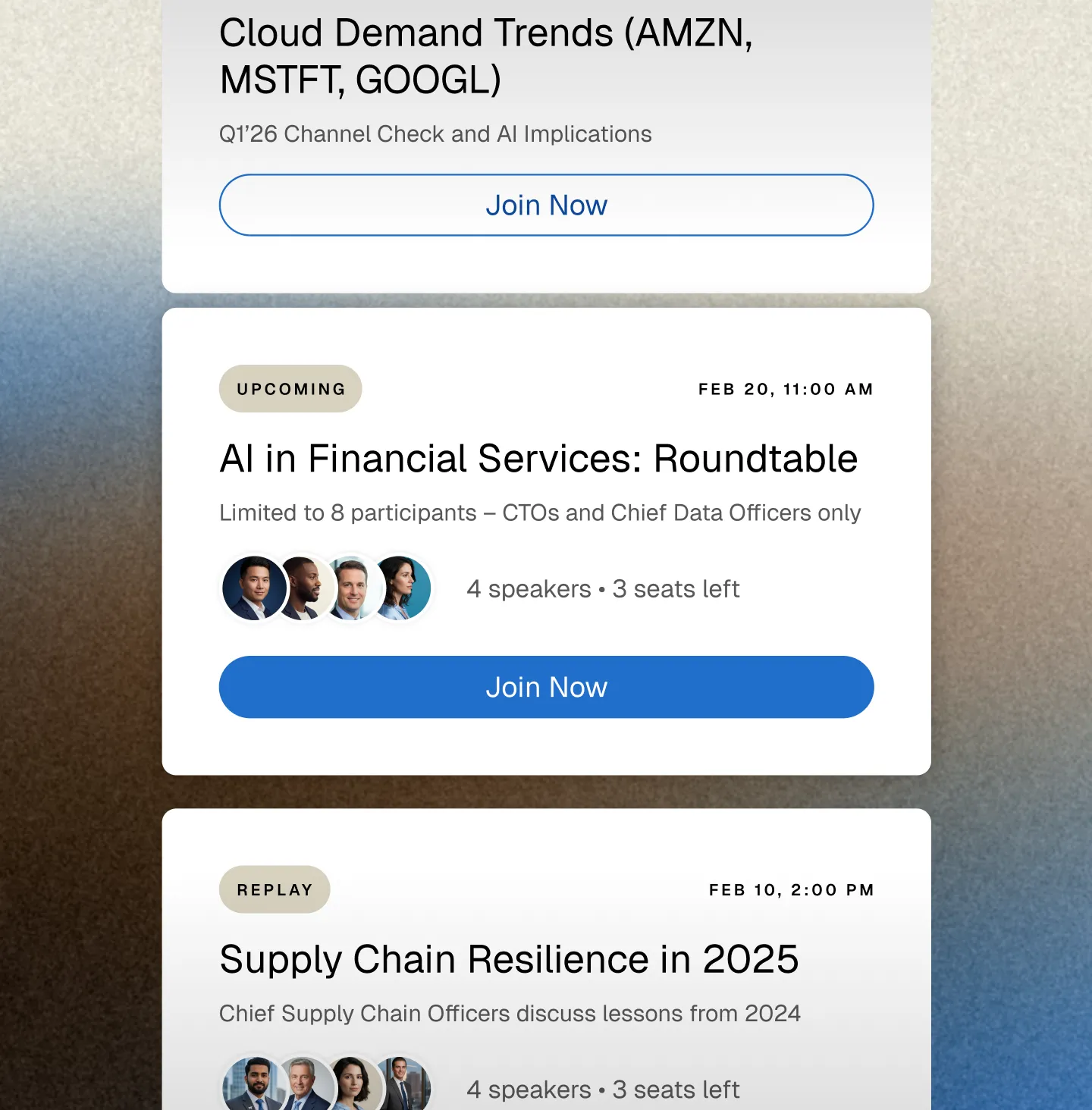 Event cards showing upcoming and replay sessions on AI in Financial Services and Supply Chain Resilience in 2025 with details of speakers, seats left, and join now buttons.