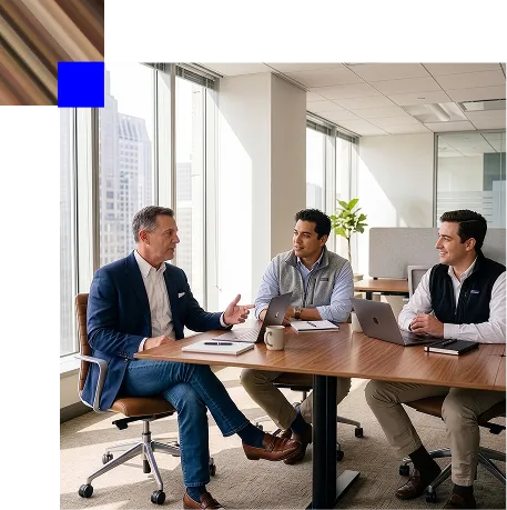 Three men in business casual attire having a discussion at a wooden conference table in a modern office with large windows.