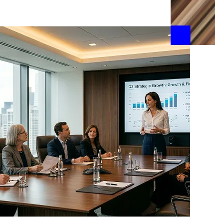 Businesswoman presenting Q3 strategic growth data to colleagues in a modern office conference room.