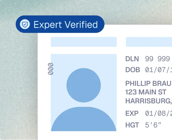 Partial digital ID card with a blue silhouette photo placeholder, labeled with Expert Verified badge and showing details like DLN, DOB, name, address, expiration date, and height.