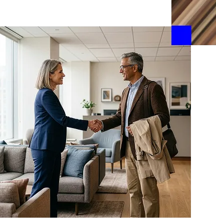 Two professionally dressed people shaking hands in a bright office lounge with sofas and framed pictures on the wall.