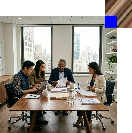 Four professionals seated around a conference table reviewing documents and a laptop in a modern office with cityscape windows.