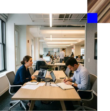 Two coworkers collaborating at a table in a modern open office with laptops, papers, and office chairs.