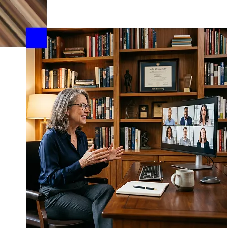 A woman in glasses and dark shirt engages in a video conference with six colleagues displayed on a desktop monitor in a cozy office with wooden bookshelves.