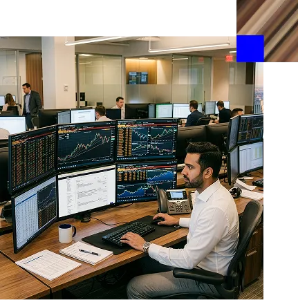 Man in white shirt working at a desk with multiple monitors displaying stock market charts and data in an office.