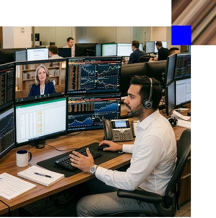 Man wearing headset and white shirt monitoring multiple financial charts and data on six computer screens in a busy office.