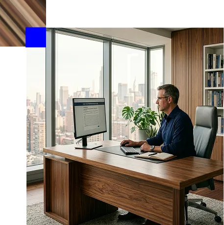 Man in glasses working at a wooden desk with a computer and notebook in a modern office with large windows overlooking a city skyline.