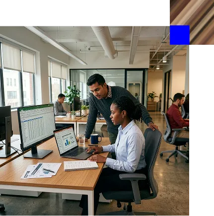 Two colleagues discussing data on a laptop and desktop screen in a modern office setting.