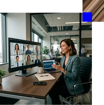 Businesswoman participating in a video conference with six colleagues on a desktop monitor in a modern office.