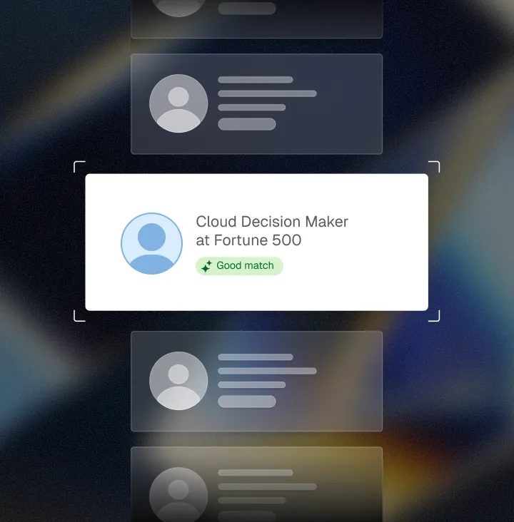 Profile card highlighting a user titled 'Cloud Decision Maker at Fortune 500' labeled as a 'Good match' with blurred profile cards above and below.