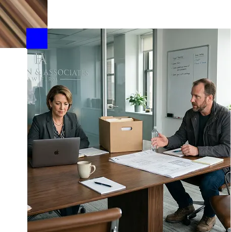 Two professionals discussing architectural plans at a conference table in a modern office.