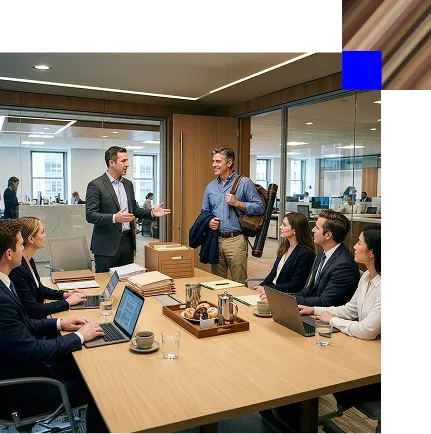 Business meeting with six professionals in an office conference room, two standing and four seated around a table with laptops and documents.