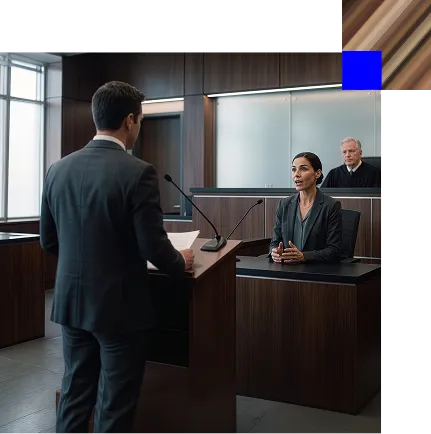 Lawyer questioning a female witness in a courtroom with a judge observing behind.