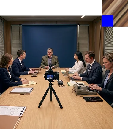 Five professionals seated around a conference table with laptops and documents, a camera on a tripod records the man at the head of the table in a meeting room.
