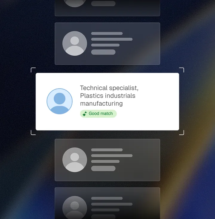 User profile card highlighting a technical specialist in plastics industrials manufacturing labeled as a good match.