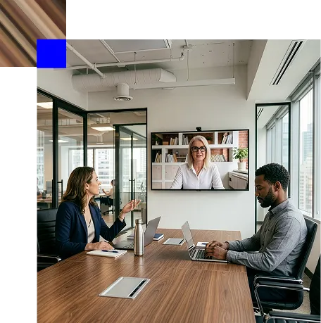 Two professionals having a meeting in a conference room while a third person joins via video call on a wall-mounted screen.