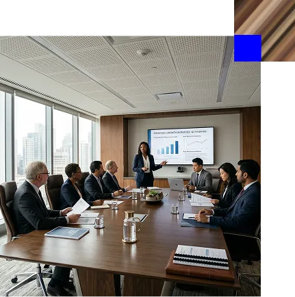 Businesswoman presenting growth analysis to six colleagues in a modern conference room with city view.
