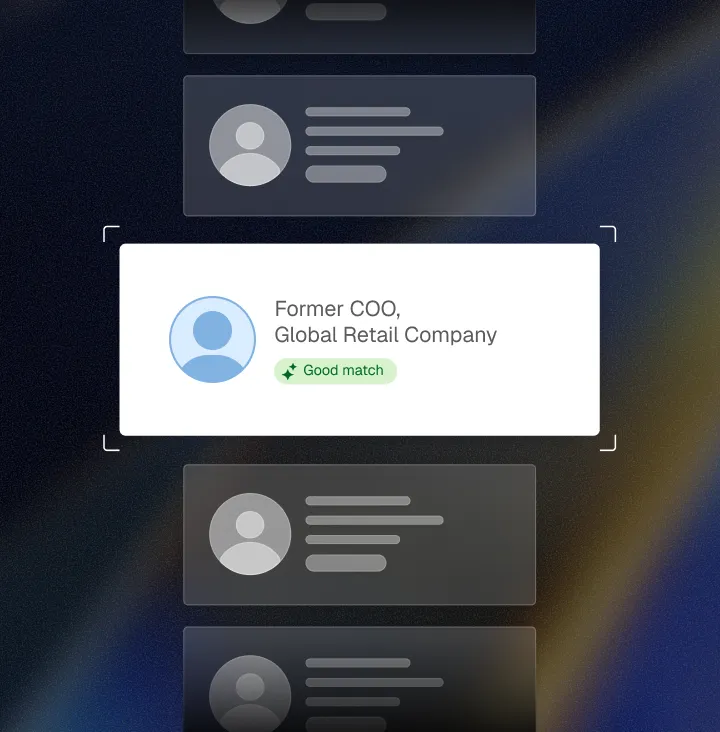 Highlighted profile card displaying a generic user icon, title 'Former COO, Global Retail Company,' and a green label indicating 'Good match'.