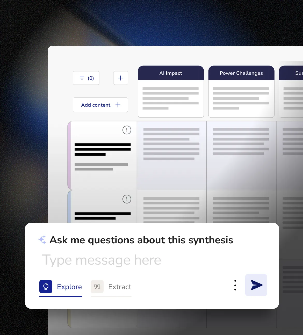 User interface screen showing a synthesis table with categories like AI Impact and Power Challenges, and a chat box prompting to ask questions about the synthesis.