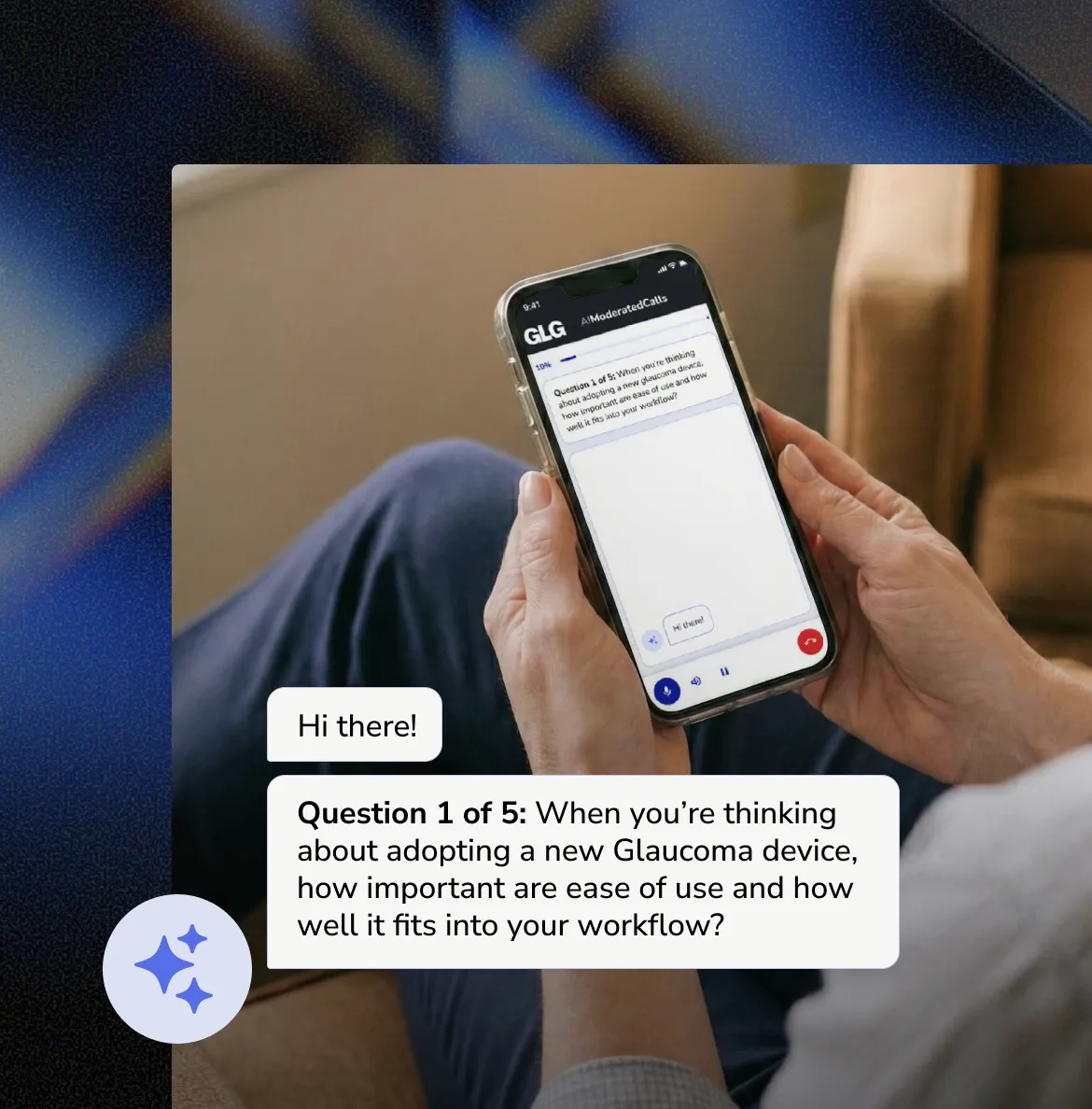 Person holding a smartphone displaying a message asking about the importance of ease of use and workflow fit for adopting a new glaucoma device.