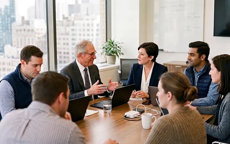 A diverse group of six professionals engaged in a business meeting around a conference table with laptops and coffee cups.