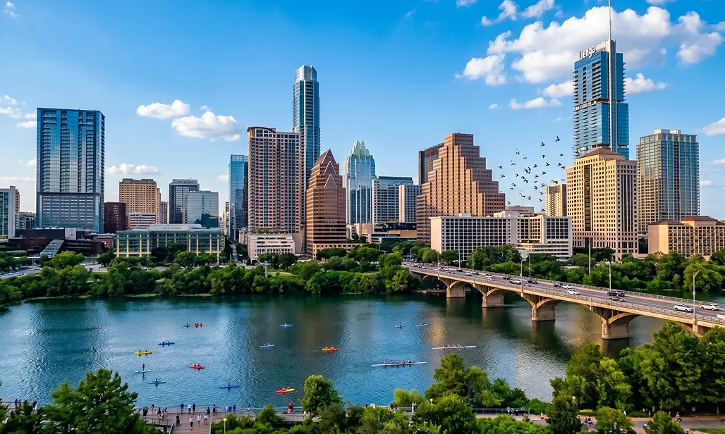 Austin city skyline with high-rise buildings, a bridge over a river, kayakers on the water, and a flock of birds flying near a Jenga skyscraper.