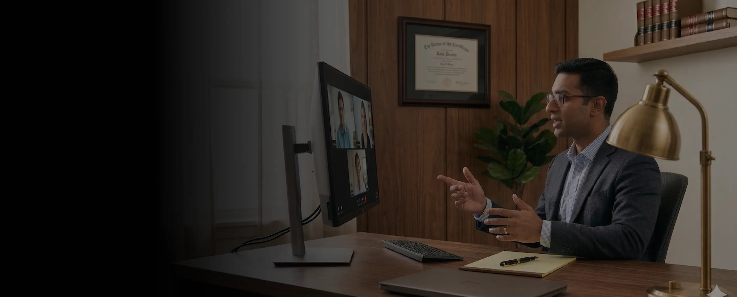 Man in glasses and blazer participating in a video conference with three people on a desktop monitor in a wood-paneled office.