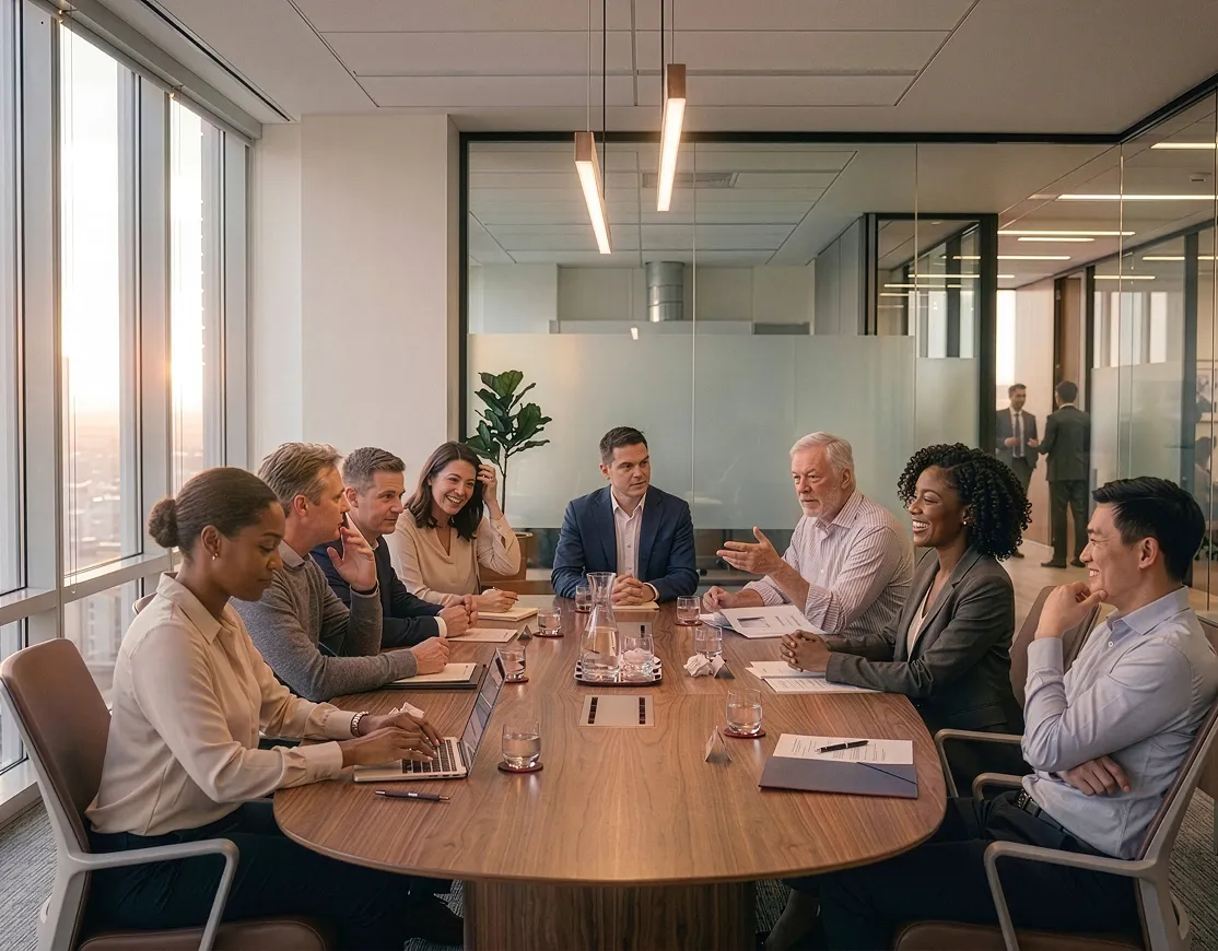 Diverse group of professionals seated around a conference table smiling and discussing in a modern office with large windows.