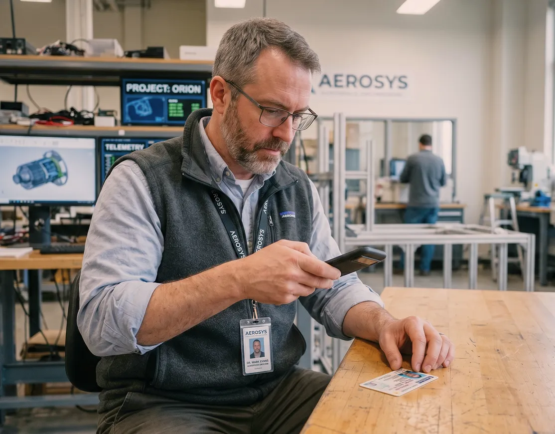 Man in an office scanning an ID card with a smartphone, with technical monitors and equipment in the background.