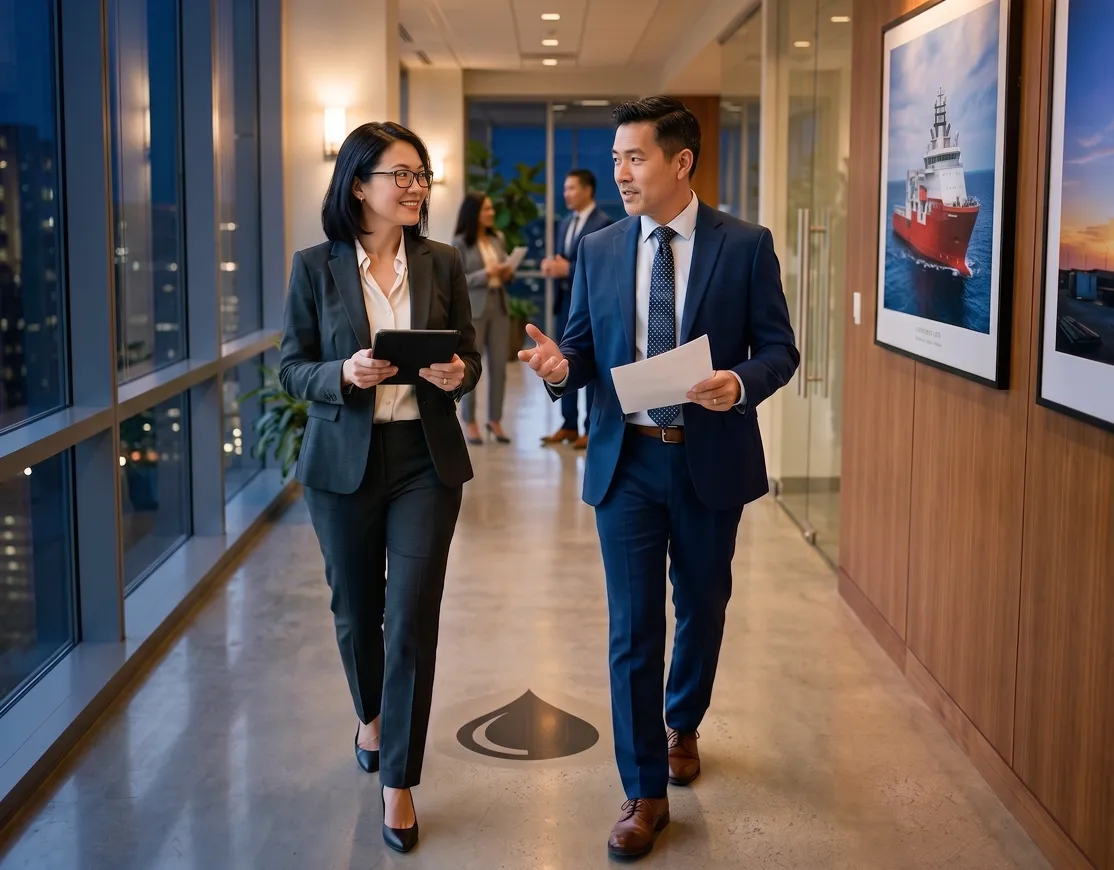 Two business professionals walking and talking in a modern office hallway with large windows and framed ship pictures on the wall.